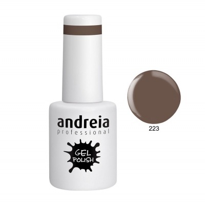 Frasco branco de verniz gel Andreia professional, cor castanha número 223