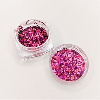 Frasco pequeno com glitter rosa e roxo aberto