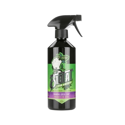 Frasco de spray preto com etiqueta verde e roxa com texto e ilustração