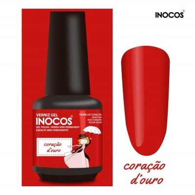 Verniz gel Inocos vermelho coração coração d'ouro com amostra de cor