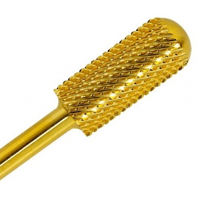 Broca rotativa dourada com textura áspera e padrão cortante helicoidal