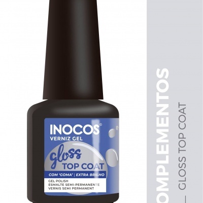 Frasco preto de verniz gel INOCOS Gloss Top Coat com etiqueta azul e cinza
