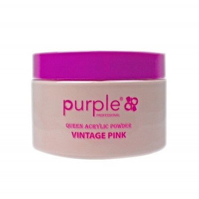 Recipiente de plástico com tampa roxa e corpo creme com pó acrílico para unhas