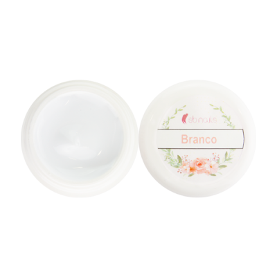 Frasco branco aberto com tampa branca rotulada com 'sb nails' e 'Branco' com decoração floral.
