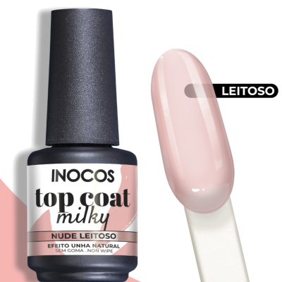 Verniz top coat milky Nude Leitoso da INOCOS com amostra na cor bege clara