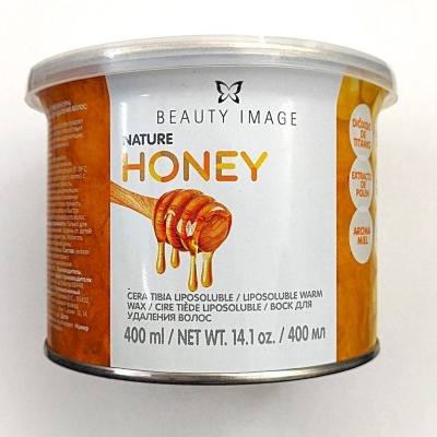 Pote de cera para depilação Beauty Image Nature Honey com embalagem metálica e tampa transparente