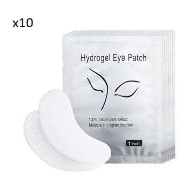 Pacotes de Hydrogel Eye Patch e dois parches de hidrogel brancos em fundo branco