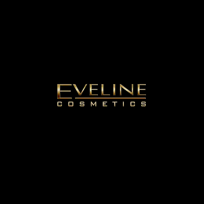 Logótipo dourado da Eveline Cosmetics sobre fundo preto