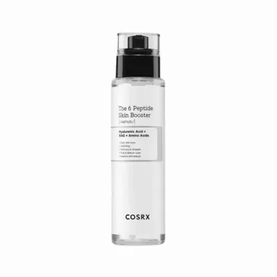 Frasco de serum facial COSRX transparente com tampa preta e rótulo com texto em inglês