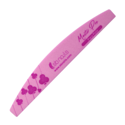 Lima para unhas cor-de-rosa com padrão de flores roxas e texto impresso