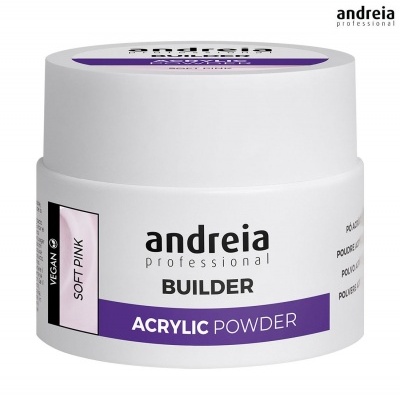 Pote branco de pó acrílico Soft Pink da andreia professional builder com rótulo roxo e preto