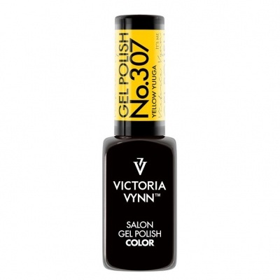 Frasco de verniz gel preto com etiqueta amarela GEL POLISH NO.307