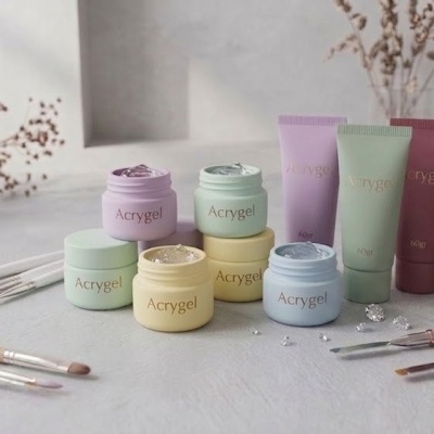 Produtos Acrygel coloridos em frascos e tubos com pincéis sobre superfície cinza com vasos ao fundo.