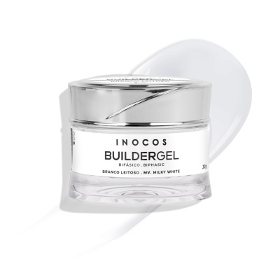 Gel bifásico branco leitoso para unhas em frasco transparente com tampa prateada