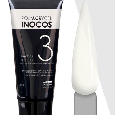 Tubo de Polyacrygel Inocos 3 Branco Leitoso e amostra do gel branco.