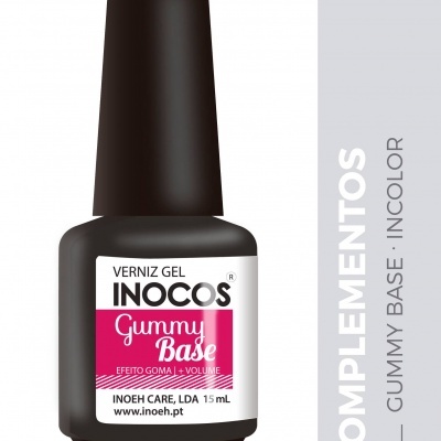 Frasco de verniz gel INOCOS Gummy Base preto com rótulo branco e rosa