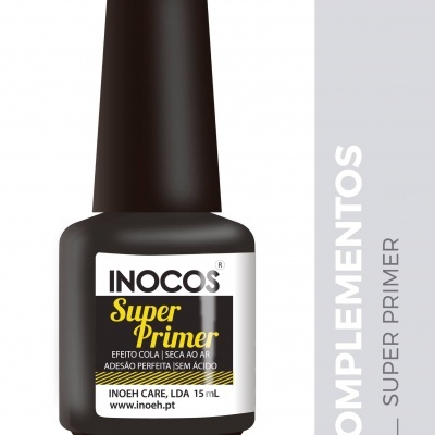 Frasco preto de primer para unhas INOCOS Super Primer com rótulo branco e texto em amarelo e preto