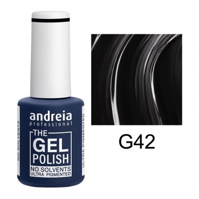 Frasco de verniz gel azul escuro com tampa branca e amostra de cor preta G42