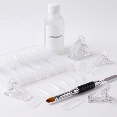 Kit unhas com tips transparentes, pinças, pincel, espátula e líquido Acrigel