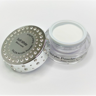 Pote de pó acrílico branco com tampa prata e pedras