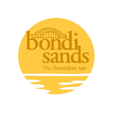 Logótipo amarelo e castanho Bondi Sands com ponte e reflexo