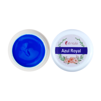Frasco com verniz de gel azul royal e tampa com etiqueta floral