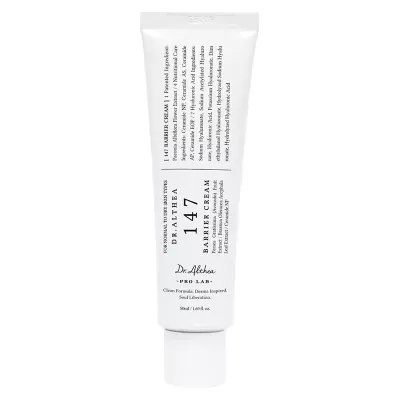Tubo branco de creme facial Dr.Althea 147 Barrier Cream com texto preto e tampa de rosca branca