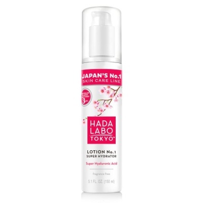 Frasco de loção hidratante Hada Labo Tokyo branco com texto em vermelho e rosa