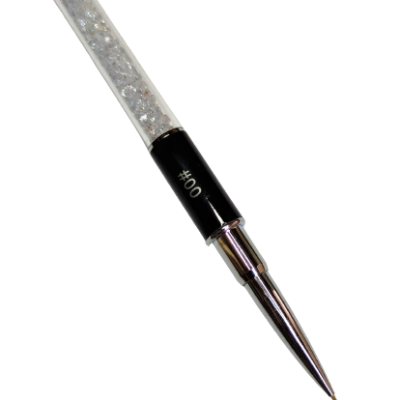 Pincel fino para unhas com cabo transparente e cristais e ponta metálica prateada