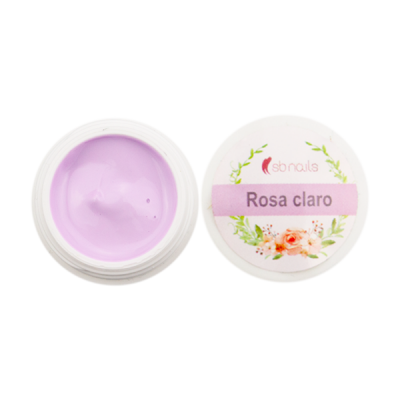 Pote de gel para unhas cor rosa claro com tampa rotulada e decorada