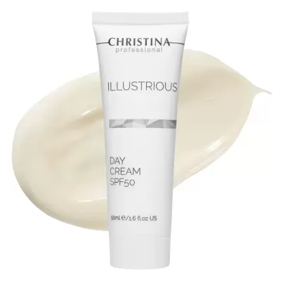Tubo branco de creme CHRISTINA profissional ILLUSTROUS DAY CREAM SPF50 50ml com textura cremosa ao fundo