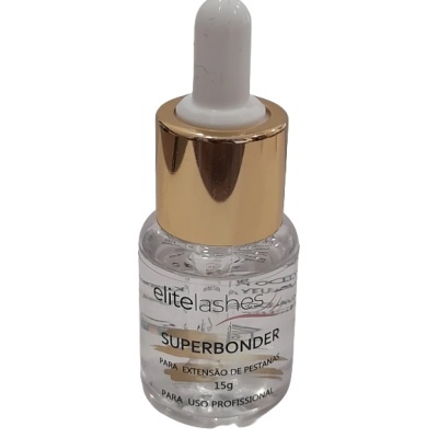 Frasco transparente de superbonder para extensão de pestanas com tampa conta-gotas e rótulo preto e branco