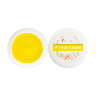 Pote de gel para unhas amarelo com tampa branca e texto Amarelo Canário