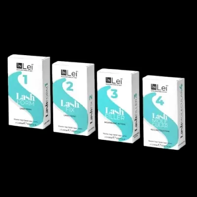 Quatro caixas de produtos IN Lei Lash numeradas de 1 a 4 com design branco e azul