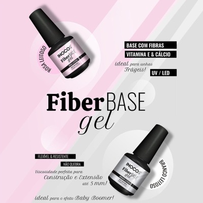 Frascos de gel para unhas INOCOS FiberBASE rosa leitoso e branco leitoso em fundo rosa e cinza com textos promocionais.