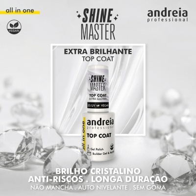 Frasco de verniz de unhas Shine Master Top Coat da Andreia Professional sobre fundo branco com diamantes de cristal