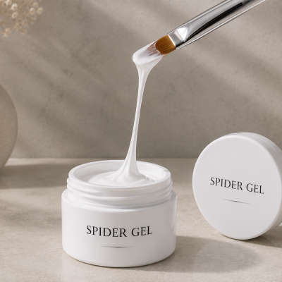 Frasco branco de gel Spider Gel com pincel e tampa ao lado numa superfície beige
