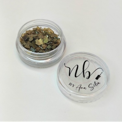 Recipiente transparente com glitter castanho e dourado e tampa com texto