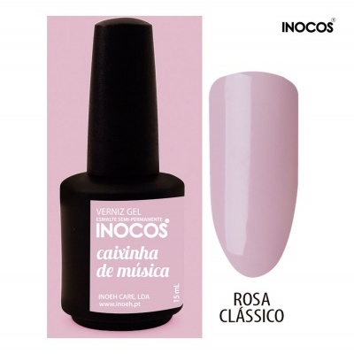 Verniz gel INOCOS caixinha de música rosa clássico em embalagem preta com rótulo rosa e amostra da cor em unha.