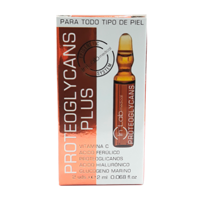 Embalagem do produto Proteoglycans Plus com ampolas laranja e descrição de ingredientes para todo tipo de pele