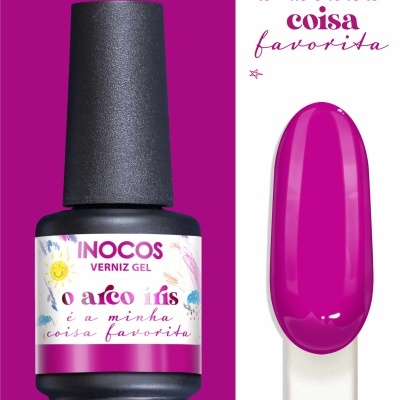 Frasco de verniz gel INOCOS com rótulo colorido e amostra de cor rosa.