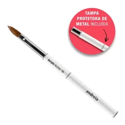 Pincel branco para unhas com tampa protetora de metal e texto descritivo.