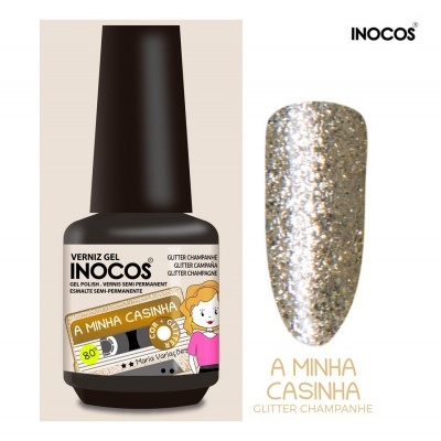 Frasco de verniz gel Inocos, cor glitter champanhe, rótulo com desenho e texto