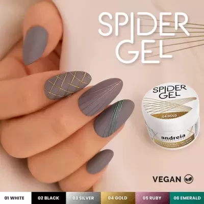 Unhas com decoração de linhas finas em gel Spider Gel dourado, prateado e verde