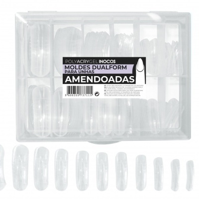 Conjunto de moldes transparentes para unhas amendoada embalados em caixa plástica com etiqueta