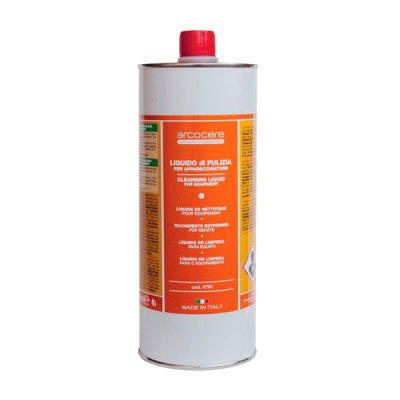 Frasco metálico branco com tampa vermelha e rótulo laranja para líquido de limpeza