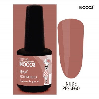 Frasco de verniz gel INOCOS cor nude pêssego com texto e ilustração