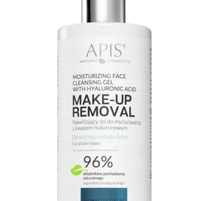 Frasco branco com gel de limpeza facial hidratante APIS com dispensador e texto informativo