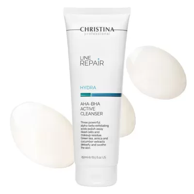 Tubo branco de creme CHRISTINA LINE REPAIR HYDRA AHA-BHA ACTIVE CLEANSER com gotas do produto em fundo branco