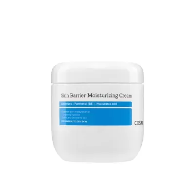 Frasco branco de creme hidratante Skin Barrier Moisturizing Cream da COSRX com etiqueta azul e branca